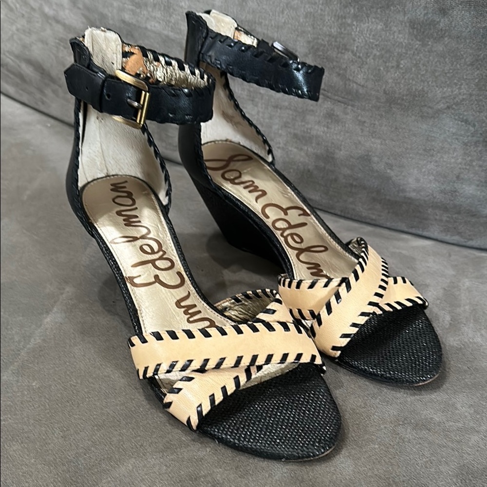 Sam Edelman Black and Tan Heels with Elegant Ankle Strap